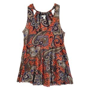 Cache Y2K Mesh Baby Doll Top Size M Tiered Ruffled Orange Paisley Halter Fairy